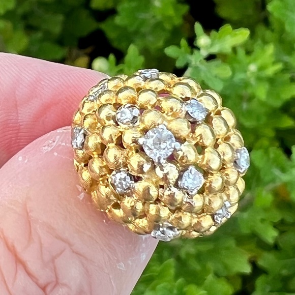 VINTAGE 18K YELLOW GOLD DIAMOND BOMBE HONEY COMB RING LARGE SOLID HEAVY CUSTOM